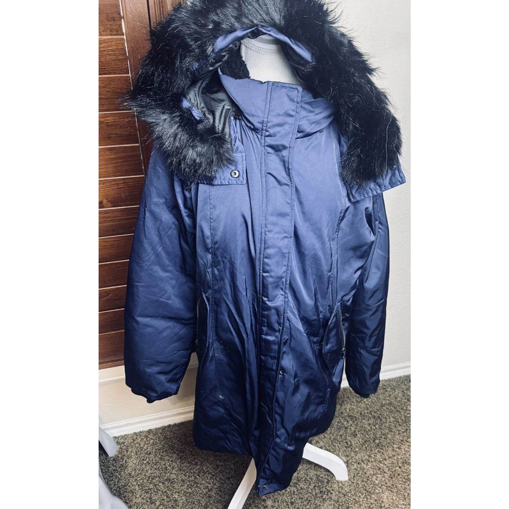 Orolay Women’s Coat Down Jacket Fur Trim Hood Puffer Parka Navy Blue Winter XL